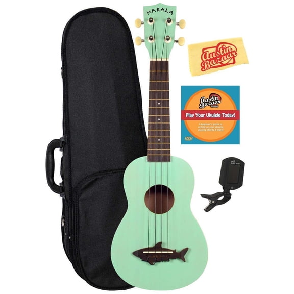 Kala MK-SS-GRN Makala Shark Soprano Ukulele - Surf Green Bundle with Hard Case, Tuner, Austin Bazaar Instructional DVD, and Polishing Cloth