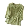 thumbnail image 2 of Green Tshirts for Women Embroidered Tops for Women Floral Cotton Linen Tunic Tshirt Tee Women 3/4 Sleeve V Neck Button Boho Ethnic Womens Shirts, 2 of 3