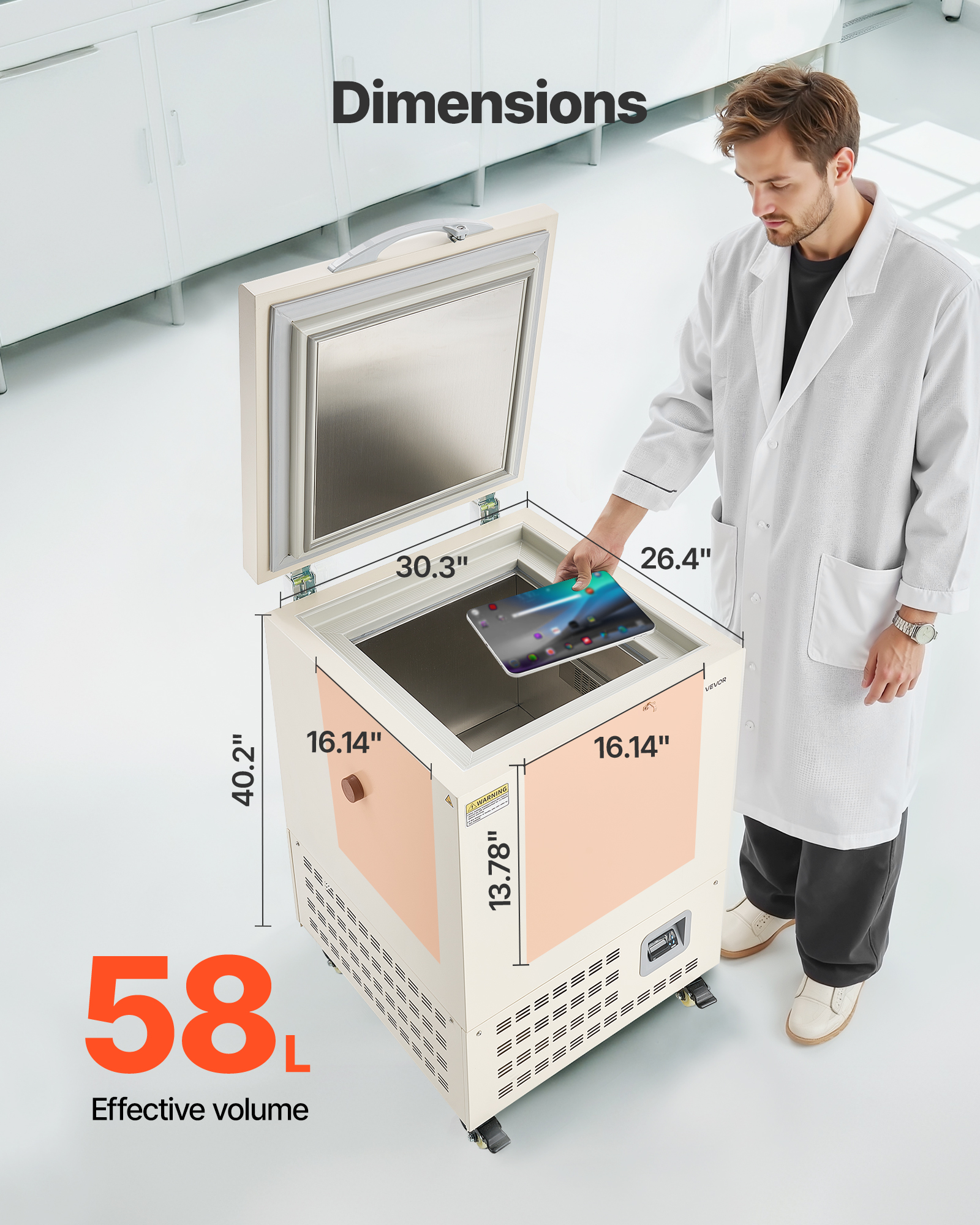 VEVOR Ultra Low Temperature Freezer,58 L, −40℉ to −123℉ Adjustable Temp Range, with Rollers and Digital Display,304 Stainless Steel Liner,Low Temperature Lab Freezer for Laboratory Samples Storage