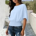 thumbnail image 2 of Htigea Women's Crewneck Cropped T-Shirt Half Sleeve Elastic Hem Tops Casual Loose Fit T Shirt Summer Cute Tees Light Blue M, 2 of 6