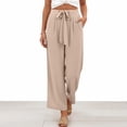 thumbnail image 2 of Womens Linen Palazzo Pants Flowy Boho Wide Leg Dress Pant High Waisted Beach Travel Vacation Trousers Beige XL, 2 of 6