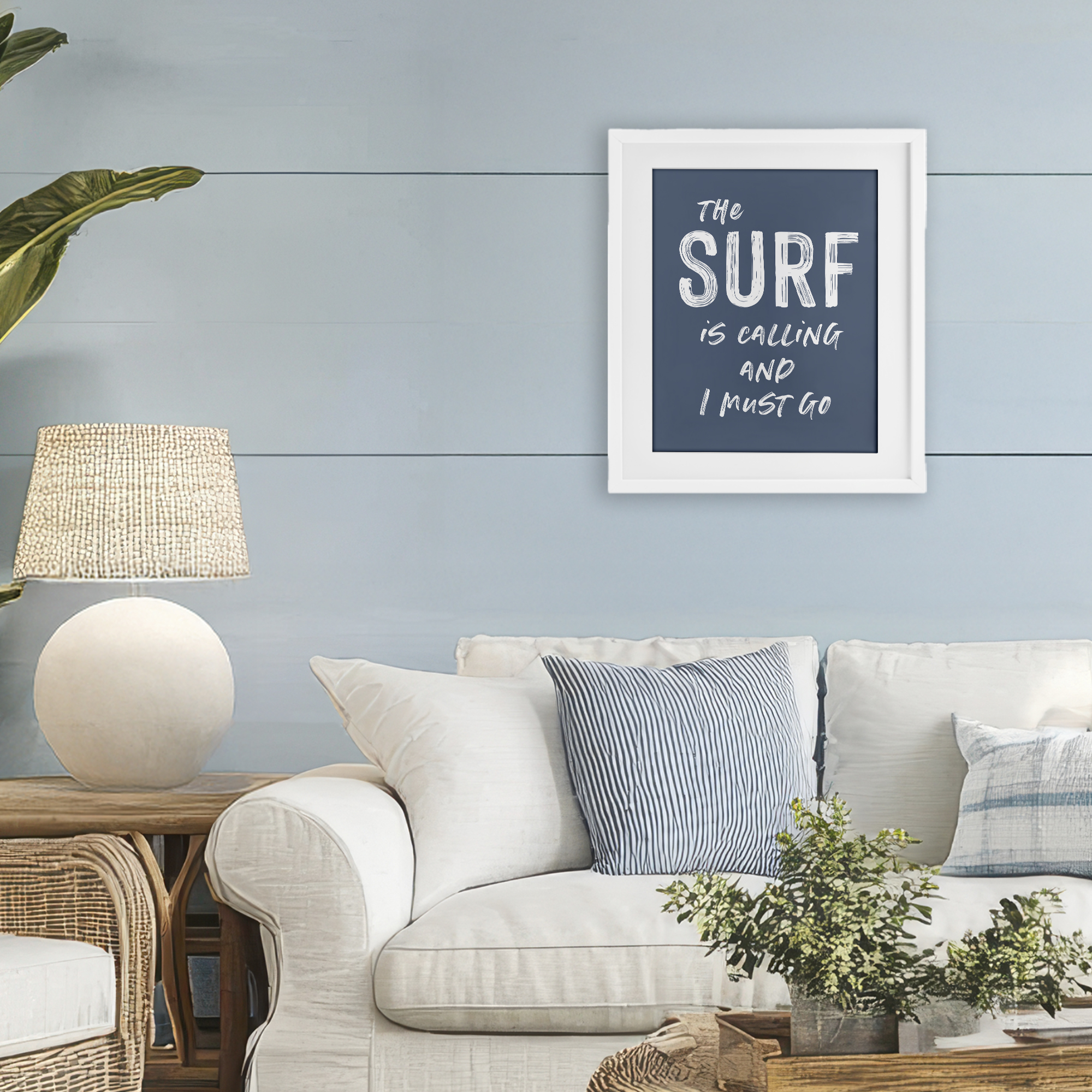 Surf Is Calling Must Go White Framed Print Under Glass, design by Lettered and Lined