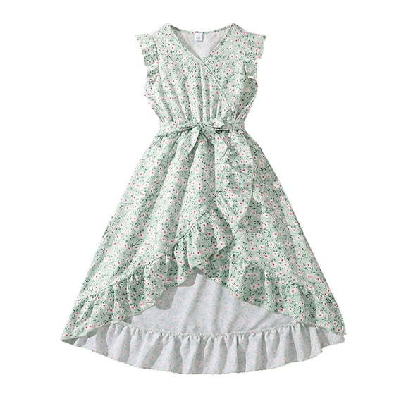 Glisme Fashion Girls Dresses Size 9-10 Y Spring Summer Elegant Dress V Neck Maxi With Ruffle Adjustable Waist Green Sundress For Girl