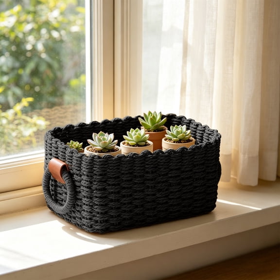 Woven Rope Storage Basket | Black Plastic Organizer Basket for Bathroom, Bedroom, Kitchen, Office | Decorative Wicker Basket for Cosmetics, Sundries, Toys, 9.8"x7.4"x5.5"