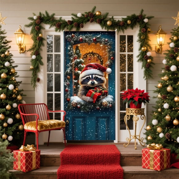 Decorative Christmas Door Cover with Santa Claus Print, 35 x 71 Inch Holiday Door Decor for Home, Gift, and Party, Machine Washable and Wrinkle-Resistant Polyester