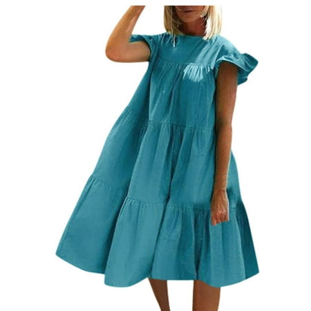 

Ziloco Fashion Women Summer O-Neck Casual Solid Loose Comfy Short Sleeve Dress bra for backless dresses Blue S