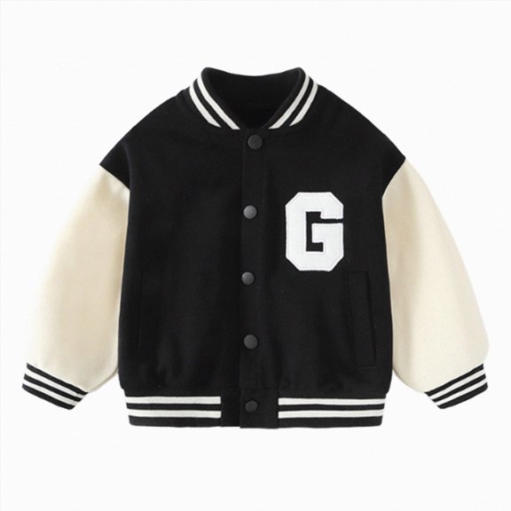 KPOPLK Boy's Letter Print Bomber Baseball Coat 6 9 12 Months 2T 3T 4T Button Front School Uniform Varsity Jacket Fall Winter Clothes Size 4-5 Years,Black