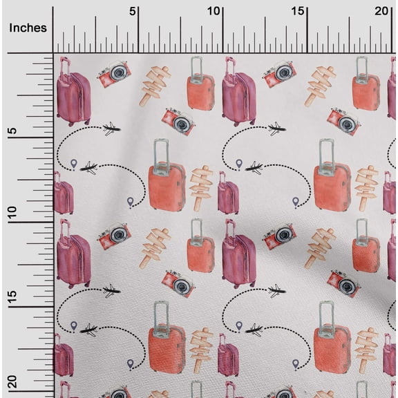 oneOone Georgette Viscose Dark Peach Fabric Airplane|Camera & Suitcase Travel Quilting Supplies Print Sewing Fabric By The Yard 42 Inch Wide