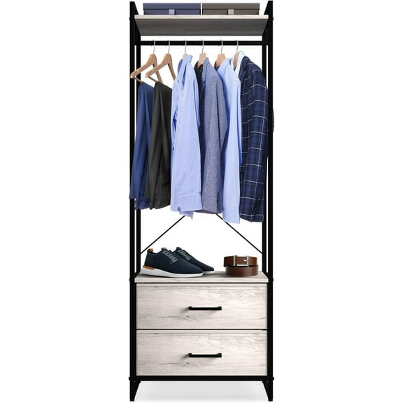 QRKD Clothing Rack with Drawers - Clothes Stand Dresser - Wood Top, Steel Frame, & Fabric Drawers - Tall Closet Storage Organizer - Garment Rack for Hanging Shirts, Dresses, & Jackets(Greige)
