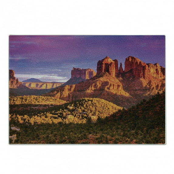 Arizona Cutting Board, Picturesque Grand Canyon Cliffs Rock in Formations Valley with Violet Sky, Decorative Tempered Glass Cutting and Serving Board, in 3 Sizes, by Ambesonne