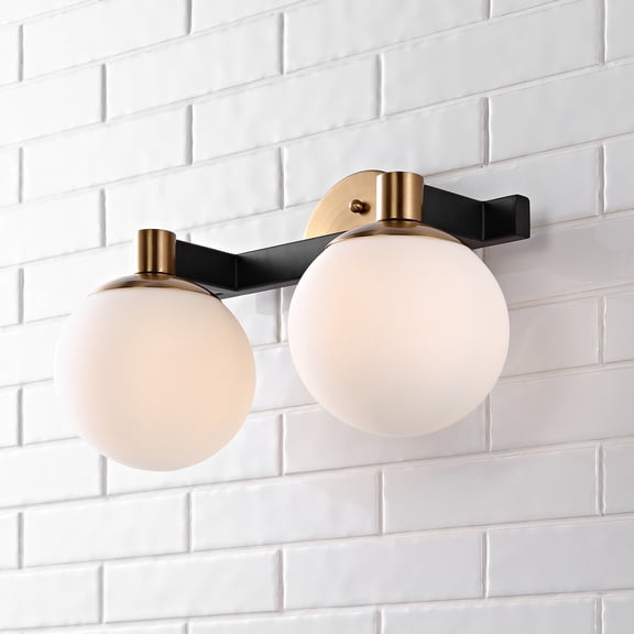 JONATHAN Y Modernist Globe 15.25" 2-Light Metal/Frosted Glass Modern Contemporary LED Vanity, Brass Gold/Black