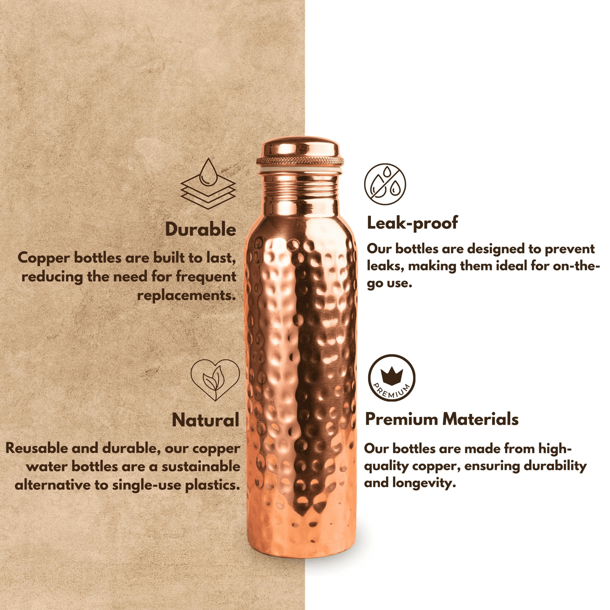 34oz Pure Copper Water Bottle for Drinking – Leak Proof Lid – 1000 mL Ayurvedic Hammered Copper Water Bottle