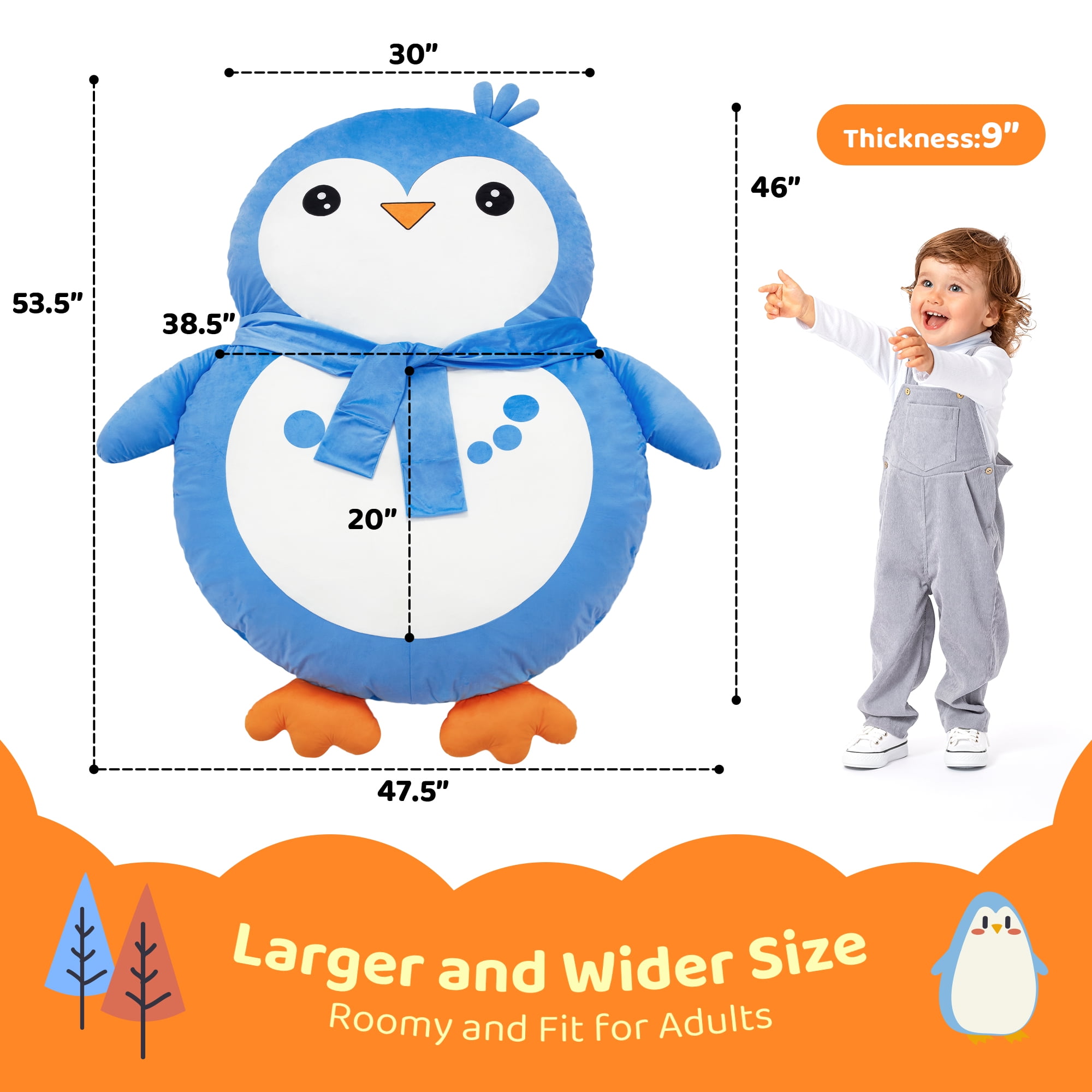 Hobestluk Bean Bag Chairs Bean Bag Floor Cushion Sleeping Mat Bean Bag Chair for Adults Beanbag Lounger for Living Room Bedroom or Playroom (Blue, Medium, Penguin)