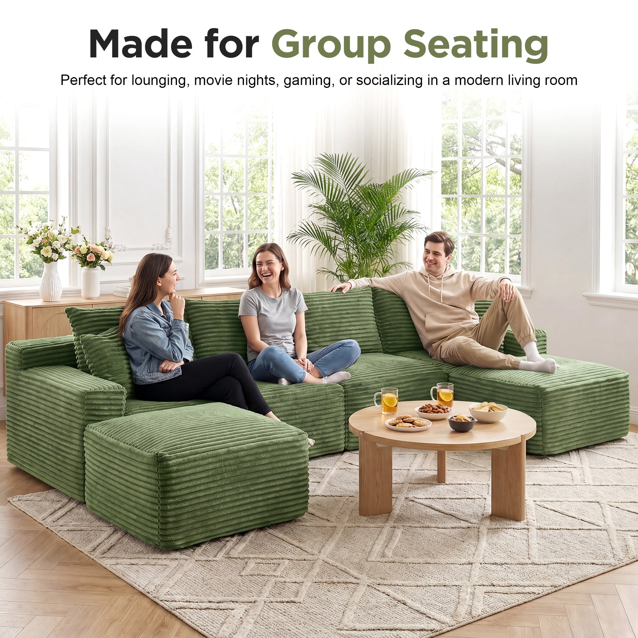 Aenkyo 115" Corduroy U-Shaped Modular Sectional Sofa with 2 Ottomans, 4-Seater, Green