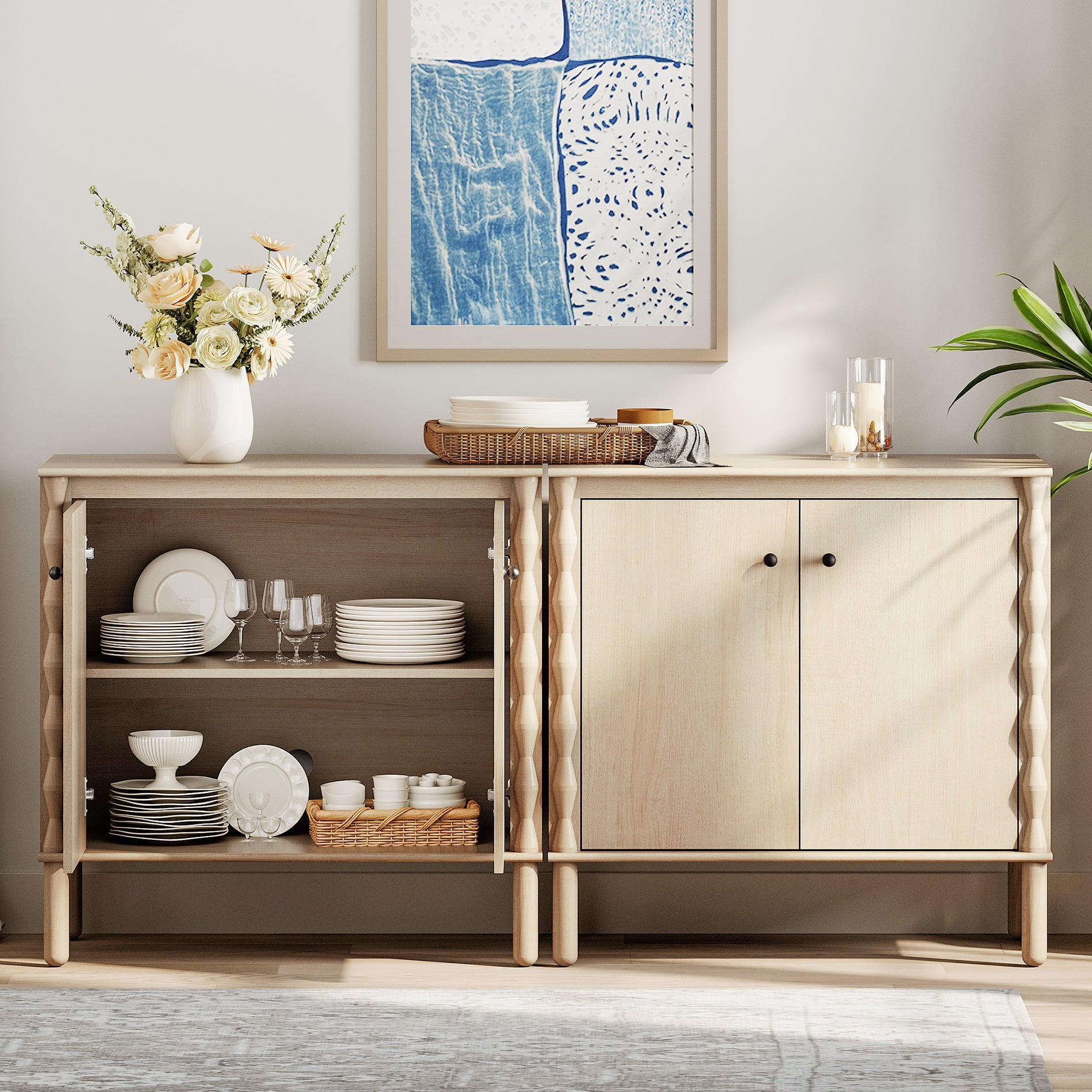 WAMPAT Sideboard with Adjustable Shelf & Soft-Close 4 Doors for Dining Room,Natural