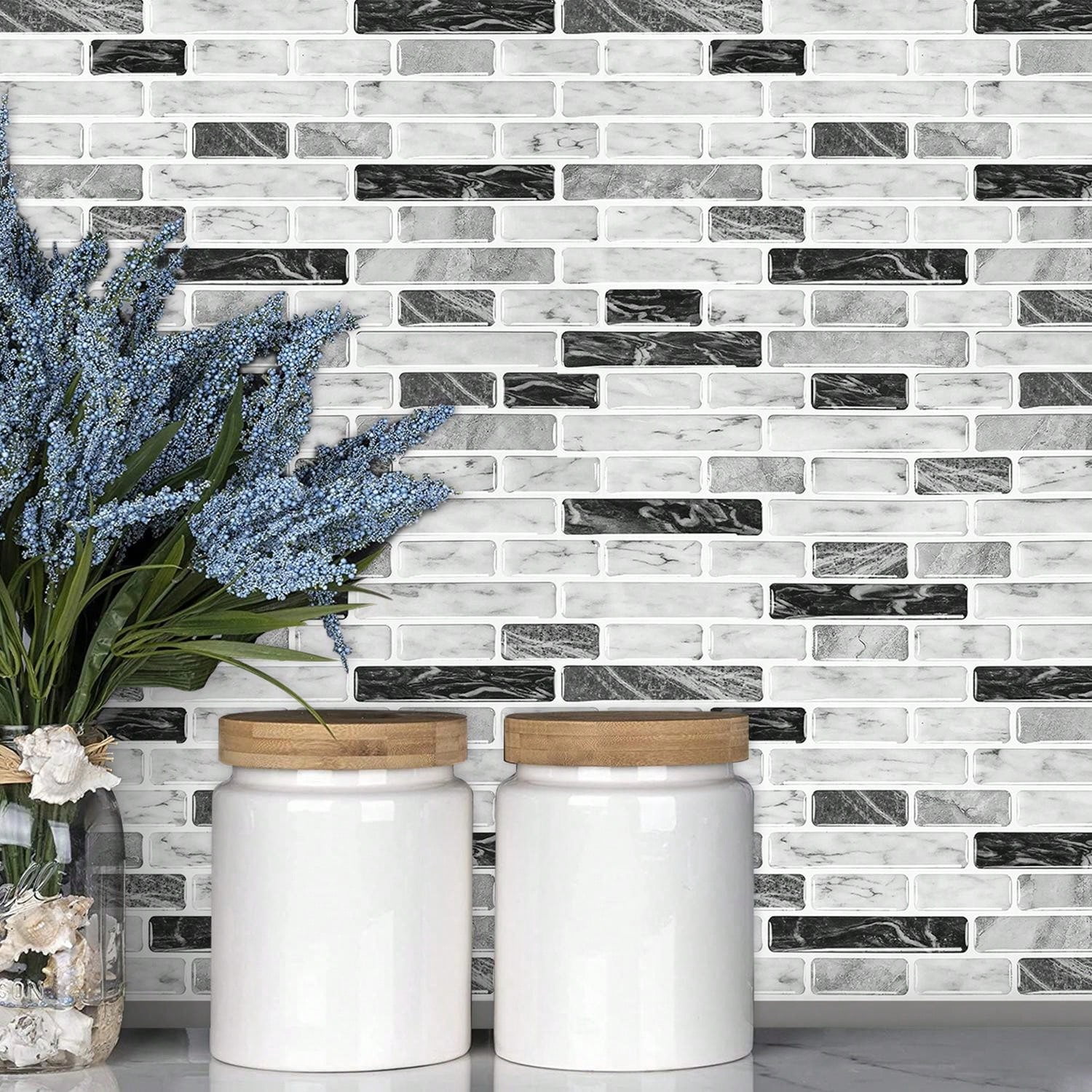 Peel and Stick Backsplash Vinyl Tiles in Grey Marble Bathroom Waterproof Self-Adhesive Mosaic Wall Decoration ( set of 10)