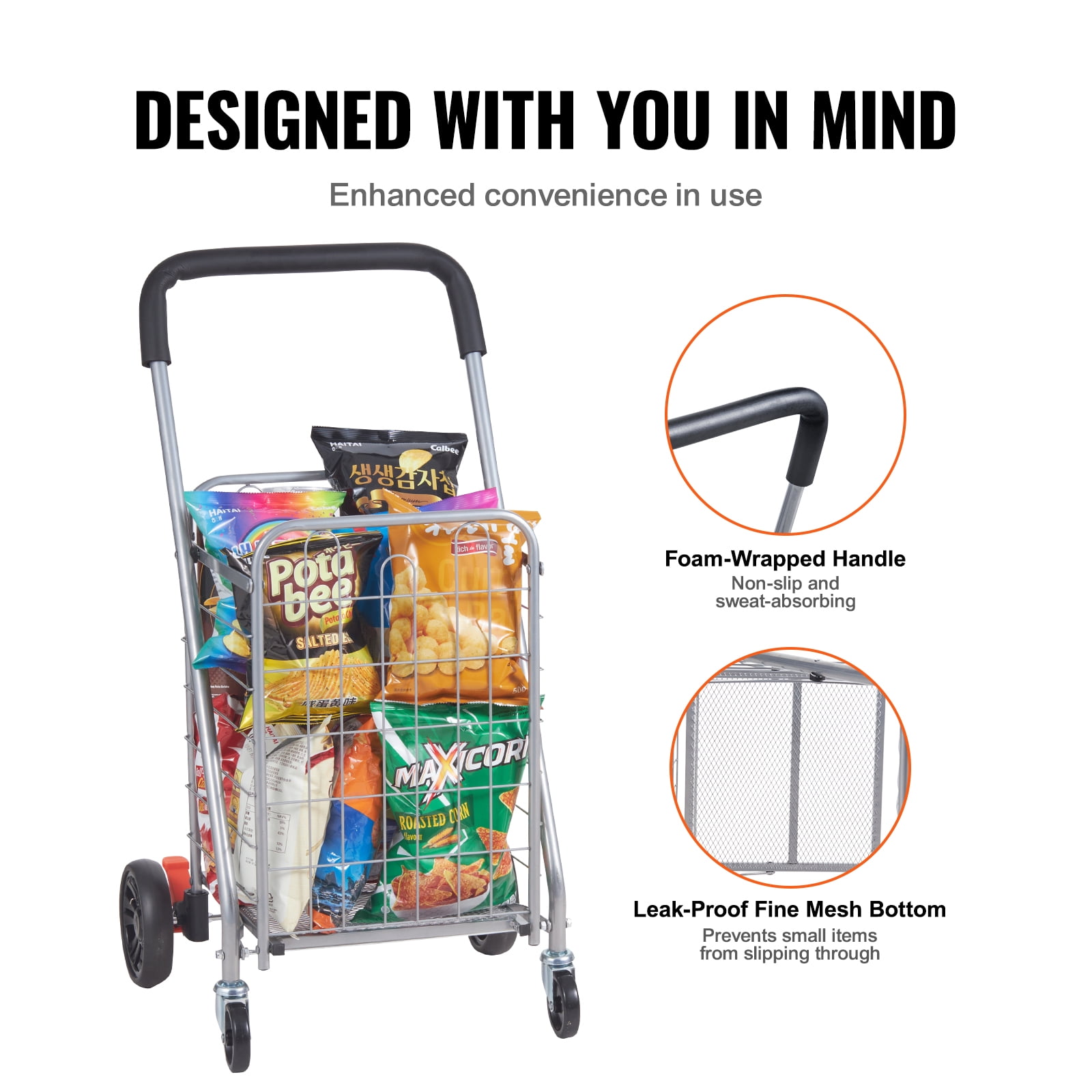 KFFKFF Folding Shopping Cart Utility Grocery Basket Cart Shopping Wheels 66 lbs