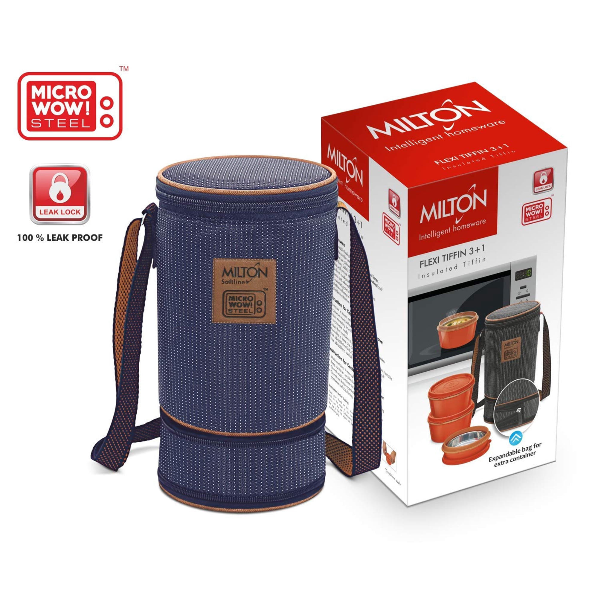 Milton Bento Lunch Box for Kids & Adults with 4 Insulated Food Containers, Thermal Bag & Spoon, Blue