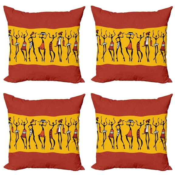 Ambesonne African Throw Pillow Cover 4 Pack, Dancing People, 24", Dark Orange Yellow Black