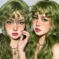 thumbnail image 4 of Light Green Curly Synthetic Wigs with Bangs Heat Resistant Fiber for Cosplay Party, 4 of 6