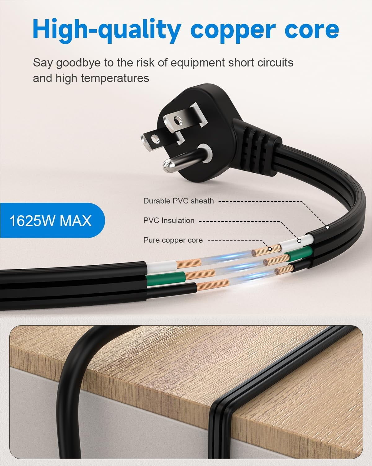 Flat Plug Short Extension Cord 1Ft Low Profile Adapter 3 Prong Indoor Small Grounded Power Cable Outlet Saver 16AWG 13A 1625W Black 2 Pack