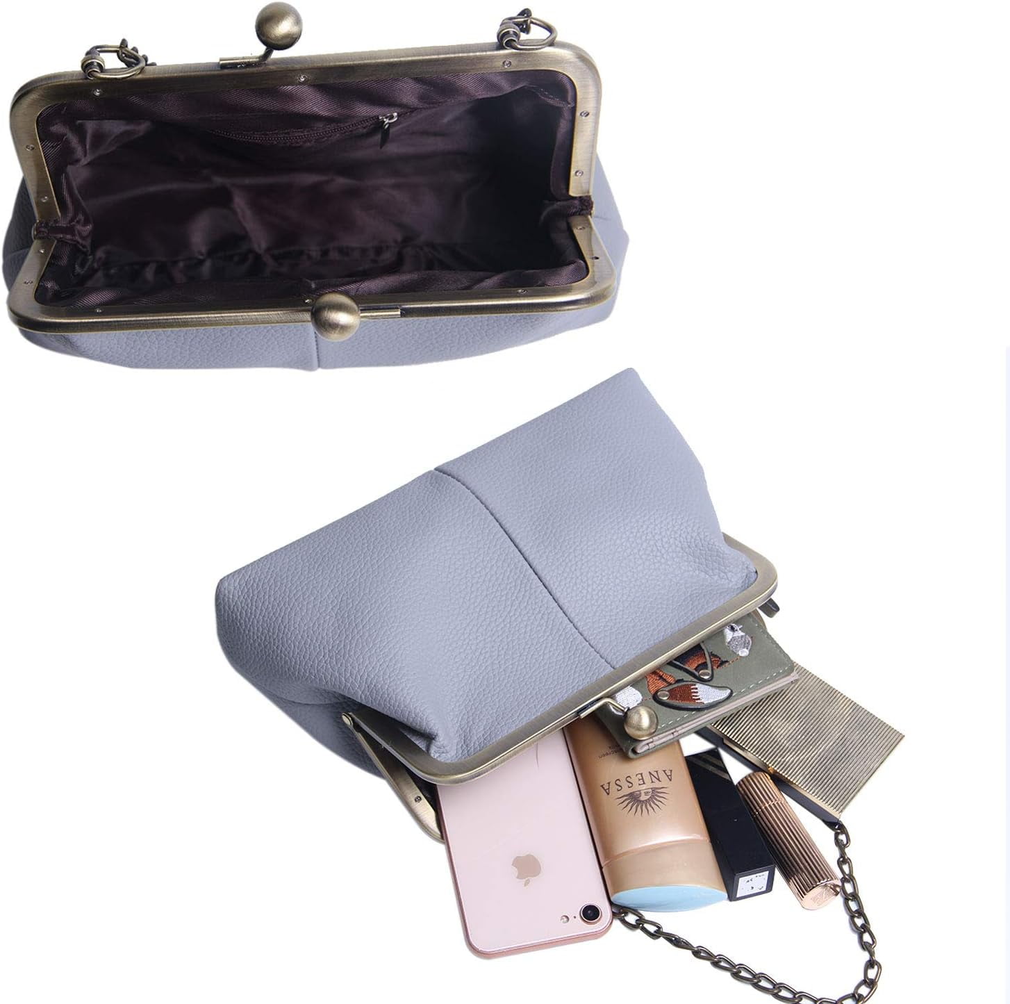 Women Classical Kiss Lock Clutch with Chain Strap Shoulder Bag Purse Wallet