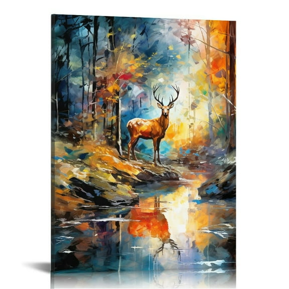 JRXY Fall Wall Art Deer Animal Forest Landscape Canvas Painting Red Maple Leaf Print - Fall Scenery Living Room Bedroom Decor 12x16 in