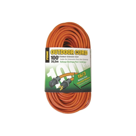 Prime Outdoor Cord EC501635 - Câble d'Extension d'Alimentation - NEMA 5-15 (F) à NEMA 5-15 (M) - AC 110 V - 100 Pieds - orange