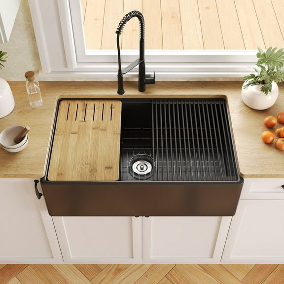DV-1K0161B 33"L x 20"W Kitchen Sink, Farmhouse Workstation Sink with Cutting Board and Dish Drying Rack