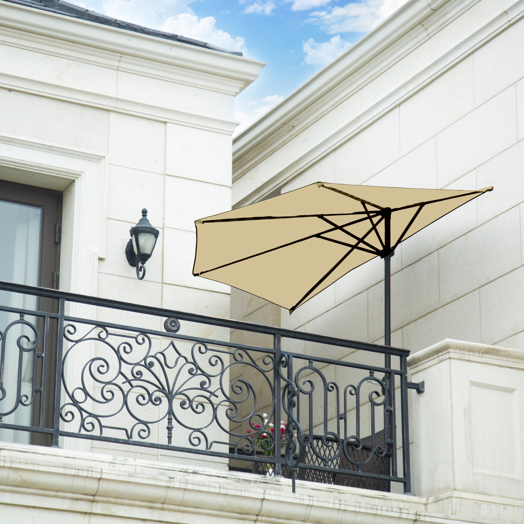 WestinTrends Lanai 9 Ft Outdoor Patio Half Umbrella with Base Include, Small Grill Deck Porch Balcony Shade Umbrella with Crank, 20 Lbs Half Round Base, Beige