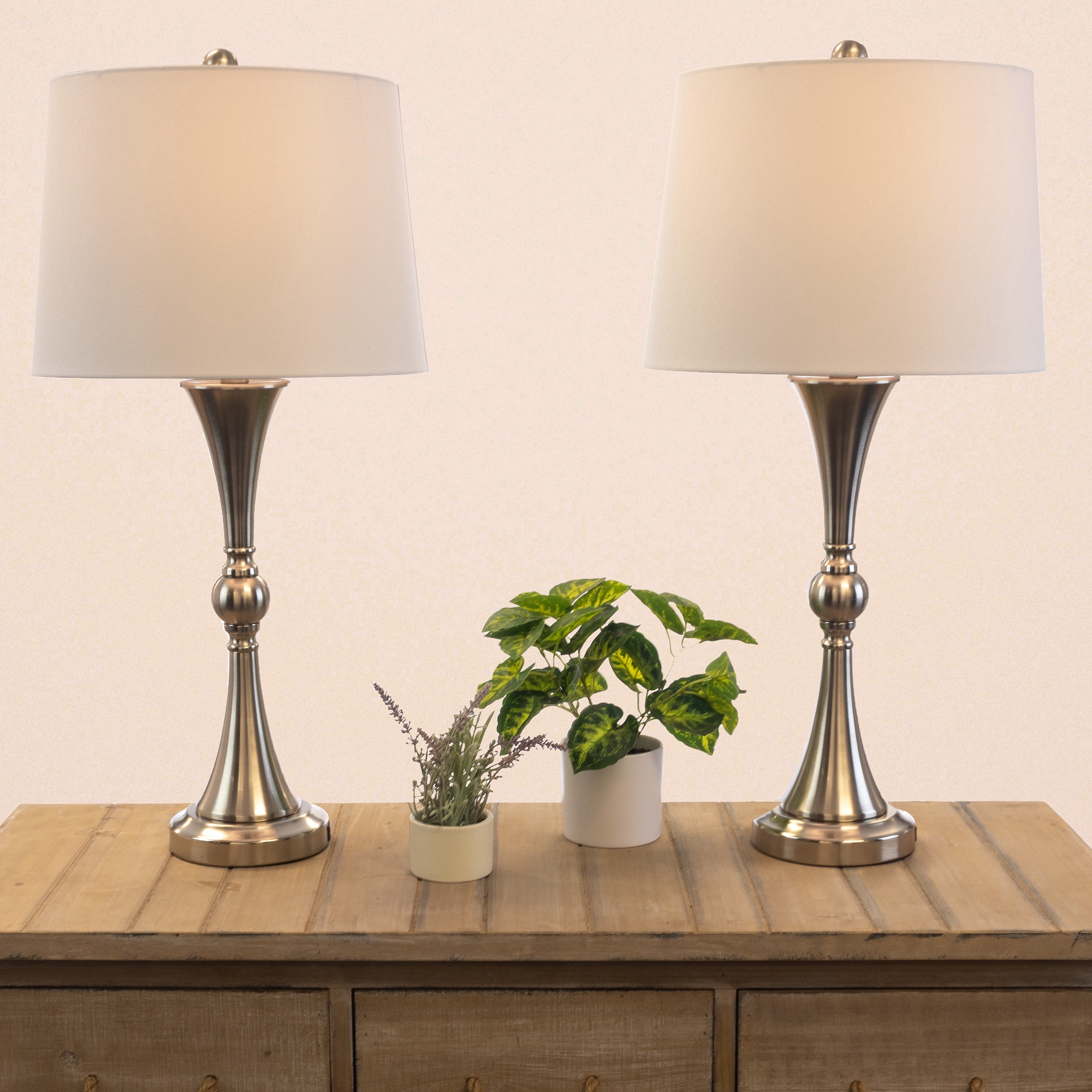 Lavish Home Set of 2 Table Lamps with USB Charging Ports (Brushed Silver)