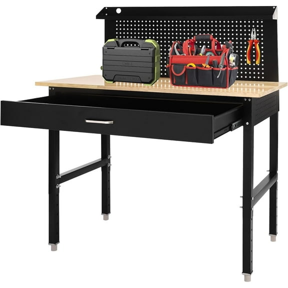 Adjustable Workbench, Work Bench with Storage Drawer Heavy Duty Work Bench Multipurpose Rubber Wood Shop Table Capacity 907.18 Kg/2000 Lbs in Garages, Gardens