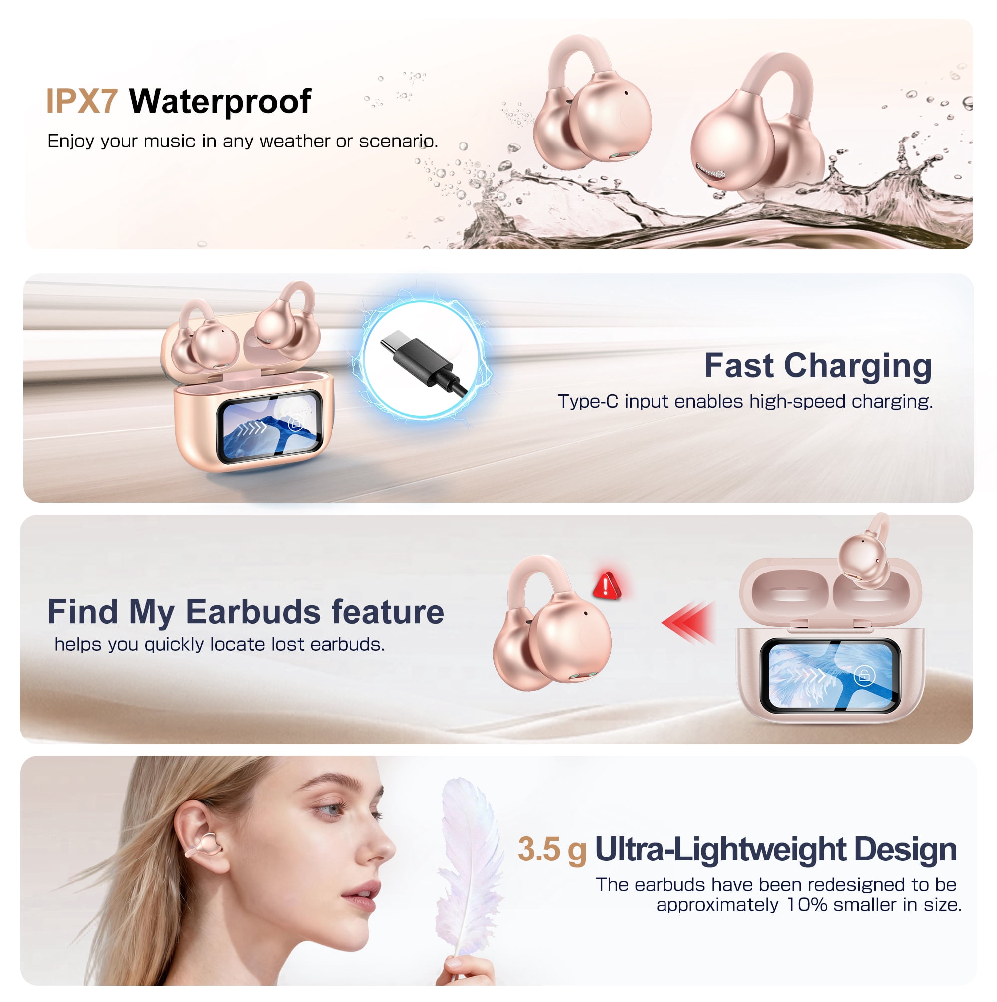 Open-Ear Headphones, Wireless Clip On Earbuds with Touch Screen Charging Case 60H Playtime, Bluetooth 6.0, IPX7 Waterproof, Lightweight Comfort, Stable Fit, Open-Ear Safety Design for Workout/Running