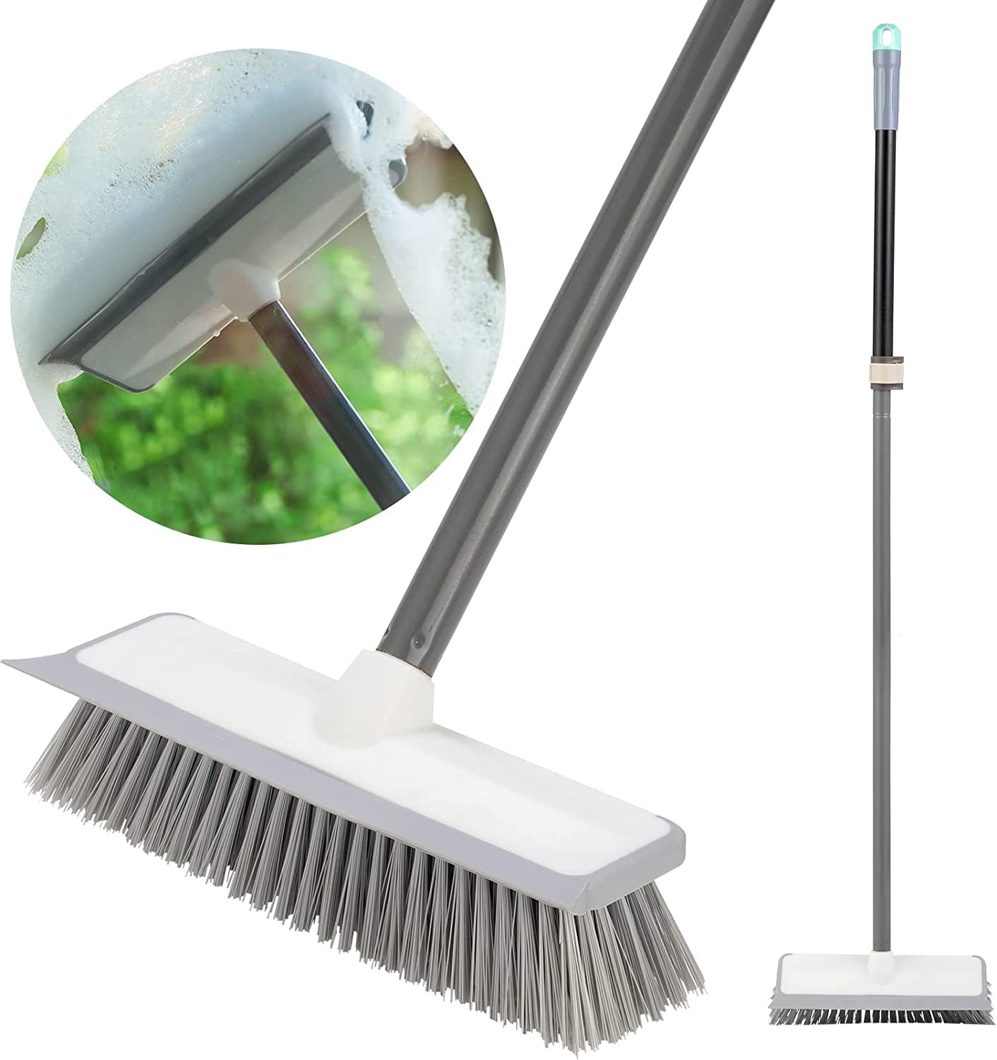 2 IN 1 Floor Scrub Brush with 58"Long Handle and Floor Squeegee,Push Broom,Deck Scrub Brush for