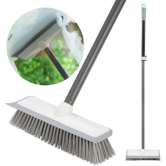 2 IN 1 Floor Scrub Brush with 58"Long Handle and Floor Squeegee,Push Broom,Deck Scrub Brush for Cleaning Bathroom,Patio,Wall,Kitchen,Deck,Tub,Tile,Grout,Pool,Garages