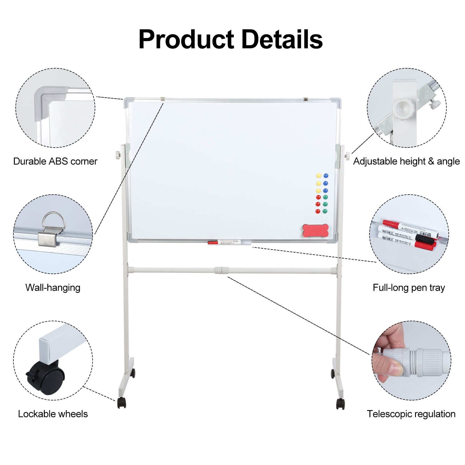 ZNNT Dry Erase Board, 24" x 36" Magnetic Whiteboard with Stand, Double Sided Rolling White Board with Wheels for Office, Classroom & Home