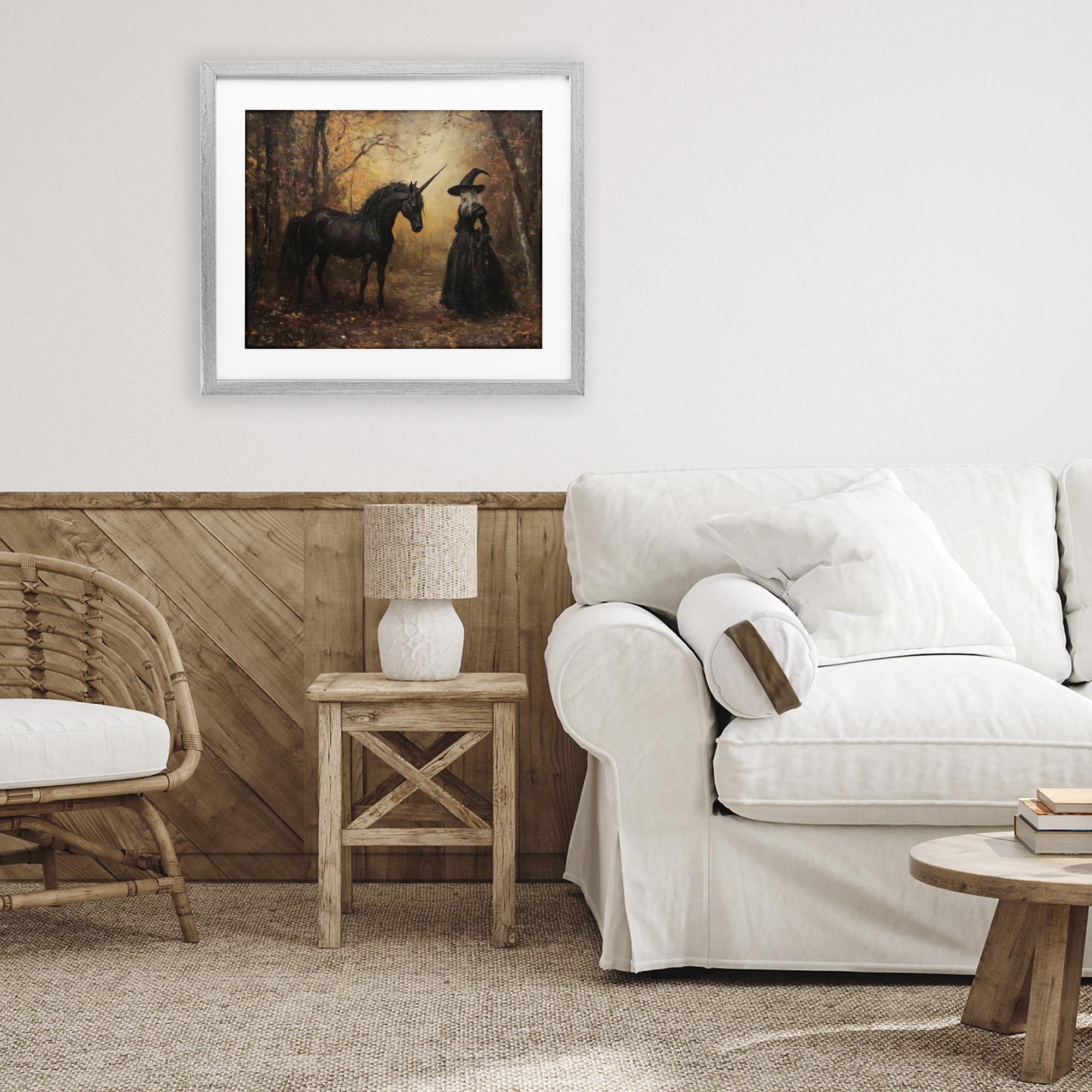 Witch & Black Unicorn Gray Framed Print Under Glass, design by Arlington Prints