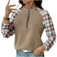 thumbnail image 2 of Women Half Zip Sweatshirt Pullover Plaid Patchwork Waffle Knit Sweater Tops Casual Fashion Fall Winter Clothes (M, Khaki), 2 of 4