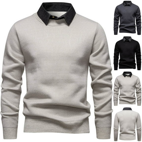 Hinvhai Men's Fake Two Piece Sweater Stretchy V-Neck Knitted Pullover Sweater Long Sleeve Stripe Tops office Business Sweater Dark Gray XL(XL)