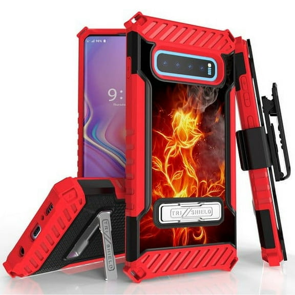 Galaxy S10 Plus (SM-G975) Case, TRISHIELD Rugged Cover With   [Belt Clip Holster]   [Built in kickstand] For Samsung Galaxy S10 Plus - Flaming Flowers