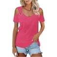 thumbnail image 4 of HOMBOM Cutout Shirts for Women Fall 2025 Hot Pink Short Sleeve Off The Shoulder Solid Crew Neck Shirts M, 4 of 7