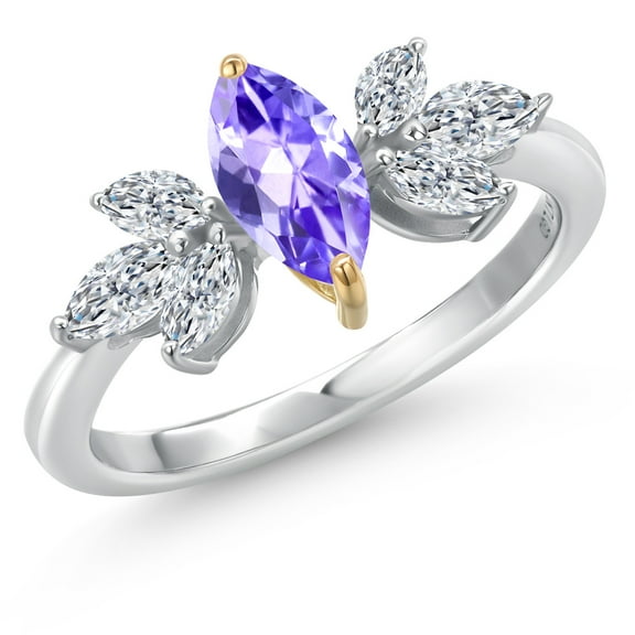 Gem Stone King 925 Silver and 10K Yellow Gold Blue Tanzanite and Lab Grown Diamond Engagement Ring | 0.93 Cttw | Marquise 8X4MM and 4X2MM | Wedding Anniversary Promise Ring for Women | Size 7