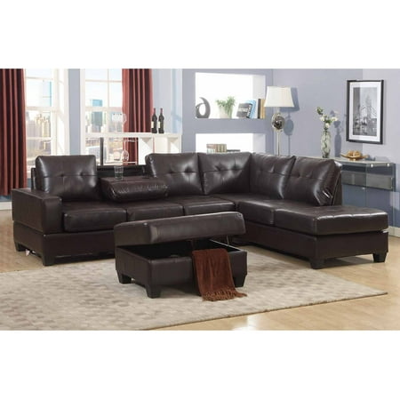 Emily 3 Piece Faux Leather Reversal Sectional Sofa Set with Storage Ottoman, Dark Brown