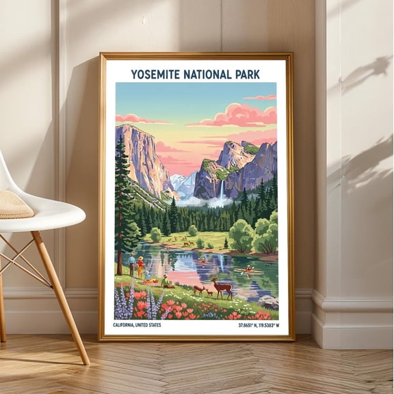 Yosemite National Park Art Print – America Travel Poster - California Wall Art - Vintage American Travel Illustration - Living Room Decor, Unframed Canvas Size 24x36