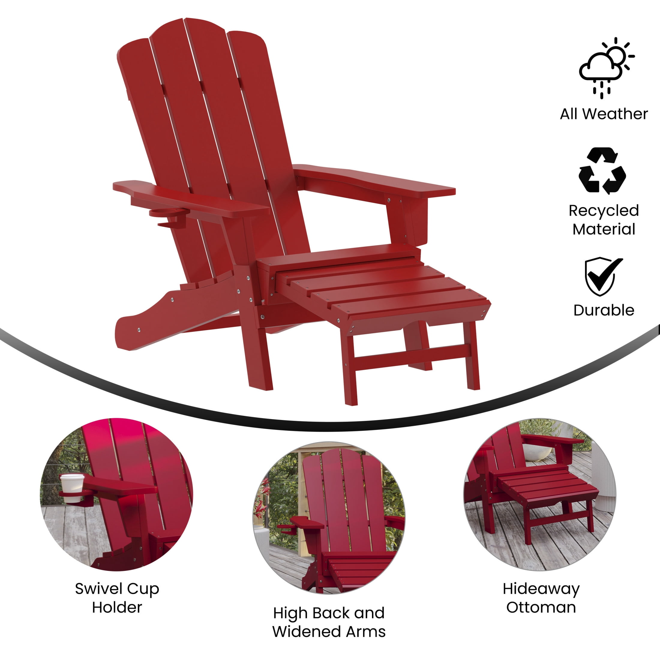 BizChair HDPE Adirondack Chair with Cup Holder and Pull Out Ottoman, All-Weather HDPE Indoor/Outdoor Lounge Chair in Red, Set of 2