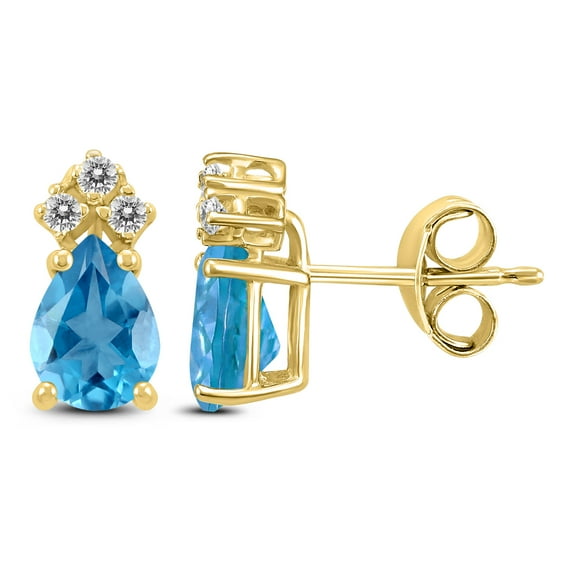SZUL Women's 14K Yellow Gold 6x4MM Pear Blue Topaz and Diamond Earrings