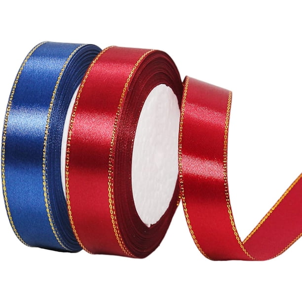 2 rollos de cinta azul marino/rojo vino de 20 mm x 22 m con borde dorado, rollo de cinta de satén de doble cara para manualidades de bricolaje, cinta navideña para envolver regalos