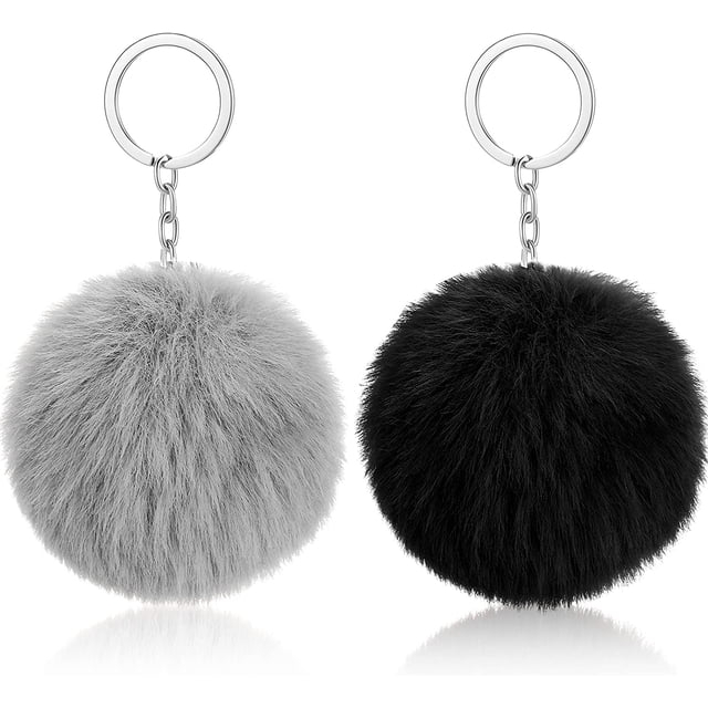 llaveros con pompones, pompones sintéticos esponjosos, adorno de peluche suave, accesorio colgante para niñas y mujeres (gris, negro)