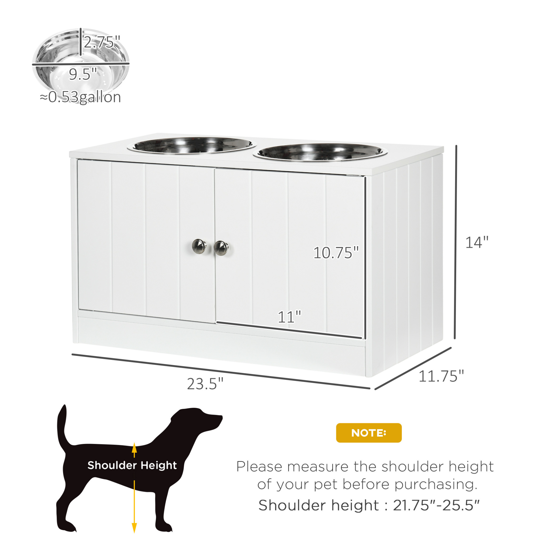 Large Elevated Dog Bowls with Storage, Raised Dog Feeder Stand, 44L Cabinet, Stainless Steel Bowls, White Pet Feeding Station