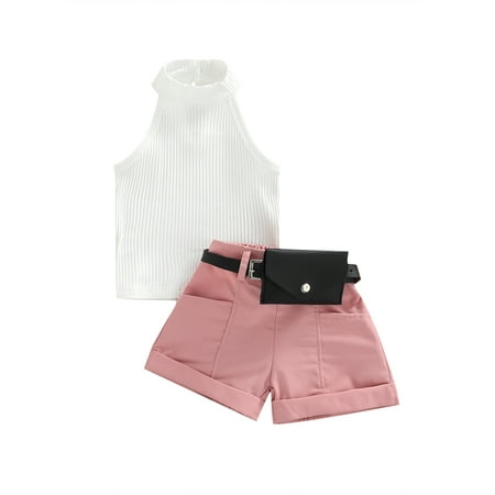 

Baby Girl Clothes Toddler Infant Sleeveless Halter Ribbed Tank Top + Shorts + Waist Bag 3Pcs Summer Outfit Set